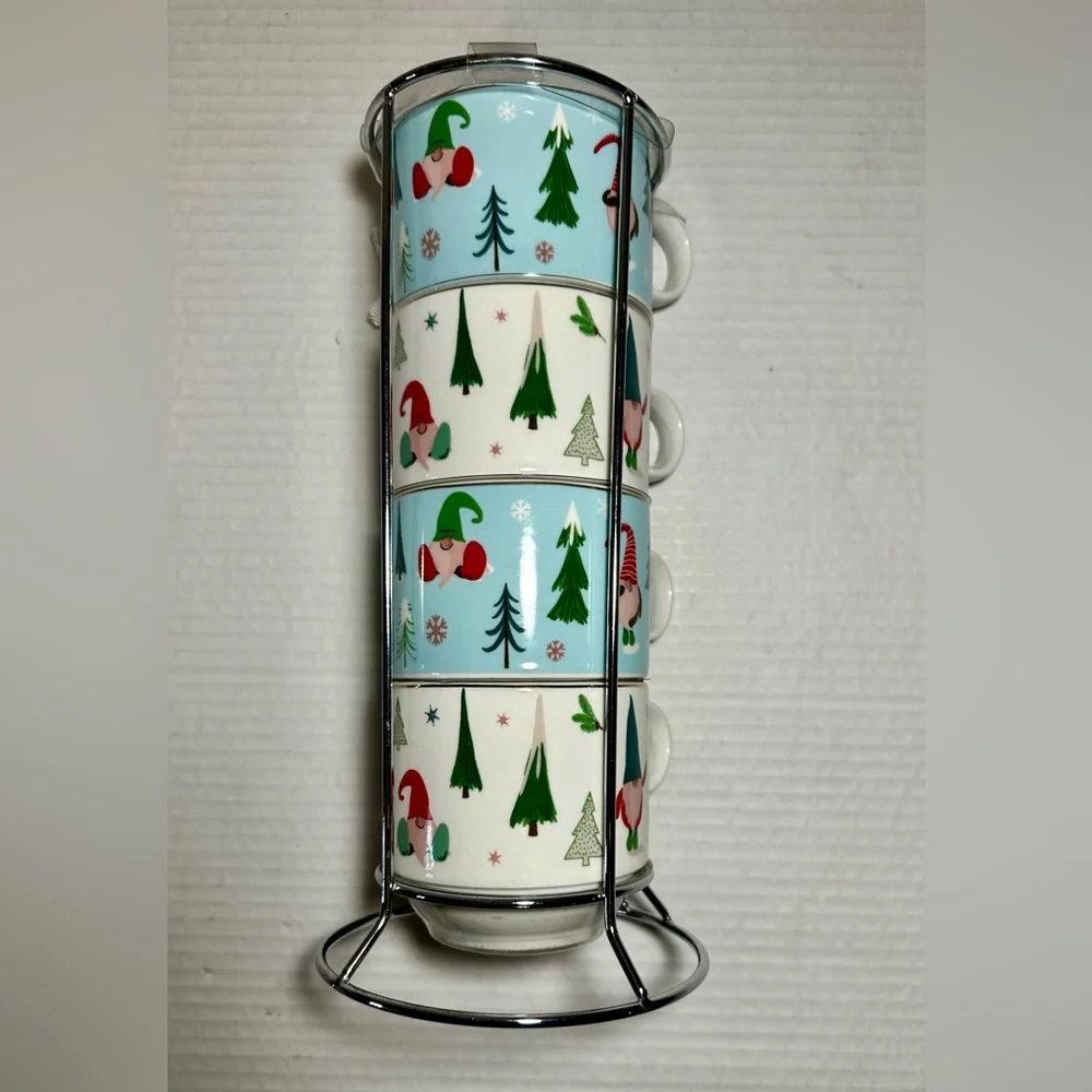 Sweet Living Collection‎ Stacking Set of 4 Mugs Christmas Gnomes Trees Rack New